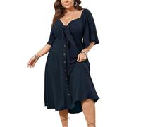 SCOMCHIC Plus Size Summer Dress Casual Short Sleeve Bow Tie Deep V Neck Smocked Button Down Midi Flowy A-line Boho Dresses, Navyblue, XL Plus