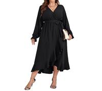 SCOMCHIC Women Plus Size Wedding Guest Maxi Dress Long Sleeve Faux Wrap V Neck High Low Ruffle Cocktail Dress with Belt, Black, XXL Plus