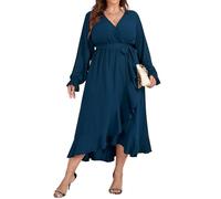 SCOMCHIC Women Plus Size Wedding Guest Maxi Dress Long Sleeve Faux Wrap V Neck High Low Ruffle Cocktail Dress with Belt, Lake Blue, XL Plus