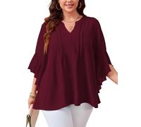 SCOMCHIC Women's Plus Size Blouse 3/4 Sleeve V Neck Chiffon Dressy Casual Shirts Business Work Office Tunic Tops XL-5XL, Burgundy, 3XL Plus