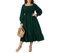 SCOMCHIC Women's Plus Size Maxi Dress Long Sleeve Square Neck Dress Casual Smocked Ruffle Swing Flowy Long Fall Dresses, Emerald Green, 4XL Plus