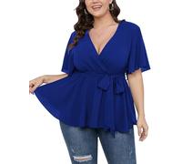 SCOMCHIC Women's Plus Size Short Sleeve V Neck Wrap Belted Ruffle Peplum Blouse Tops, Royal Blue, XL Plus
