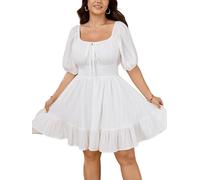 SCOMCHIC Women's Plus Size Summer Dresses Cotton Short Sleeve Square Neck Ruffle A-Line Flowy Party Short Milkmaid Dress, White, XXL Plus