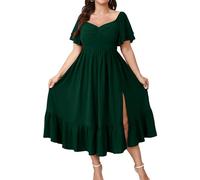 SCOMCHIC Womens Plus Size Wedding Guest Cocktail Dresses Sweetheart Neckline Short Sleeve Smocked Ruffle Slit Maxi Dress, Emerald Green, XXL Plus