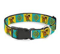 Scooby Doo Pet Collar, Dog Collar Plastic Buckle, Scooby Doo Pose and Dog Tag Blocks Yellow Blue, 13 to 17 Inches 1.5 Inch Wide