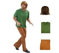 Scooby Shaggy Costume Mens Green V-Neck Short-Sleeve Shrit Corduroy Bell Bottom Flares Pants 60s 70s Vintage Costume, Shaggy, Large