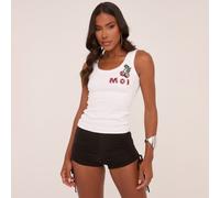 Scoop Neck Embellished Moi Cherry Graphic Print Vest In White Ribber, Women's Size UK Small S