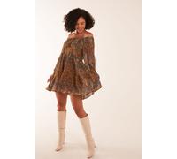Scoop Neck Mini Trapeze Dress Blue Vanilla Brown M