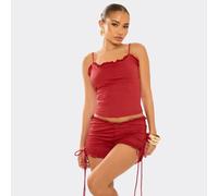 Scoop Neck Ruffle Trim Top And Ruched Shorts Co-Ord Set In Red, Women's Size UK Medium M