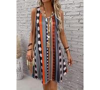 Scoop Neck Sleeveless Vertical Geometric Stripe Mini Dress, Loose Retro Ethnic Tank Sundress
