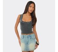 Scoop Neck Stud Detail Vest Top In Washed Grey Rib, Women's Size UK 16