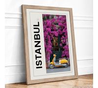 Scooter in Istanbul Blooms Vintage Framed Wall Art Print A3 (42×29.7cm) Oak, Wall Decor for Living Room, Bedroom, Office & Home, Ready to Hang, Art Gift