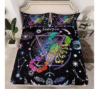 Scorpio Fitted Sheet Double Size, Trippy Astrology Bed Cover with 2 Pillowcases, 12 Constellations Zodiac Bedding Set 3pcs for Kids Boy Girls Room Decor, Soft Polyester Bedding