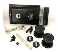 SCORPIO Hardware Rim Lock Knob Set Black, Complete with Rim Lock 6"x4", Plastic Rim Door Knob Pair, Escutcheons & Fixings for Wooden Barn, Gate and Shed Doors