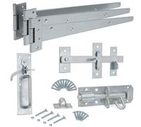 SCORPIO HARDWARE® Suffolk Gate Latch Pack Galvanised Complete with Three T Hinges (450mm), One Brenton Bolt (6 inch) Gate Kit for Hanging Garden Door, Gate Fitting Kit