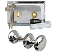 SCORPIO HARDWARE® Traditional Polished Chrome Rim Lock Set with Rim Knob, Surface Door Lock with Latch, Shed Lock with Key, Vintage Garden Gate Lock, for External Sheds, Gate or Doors