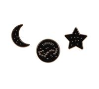 Scorpio Themed Gift Set Collection Of 3 Pin Badges Including A Black Studded Crescent Moon, Scorpio Zodiac Star Sign And A Star
