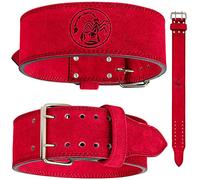 Scorpion Power Lifting Steel Double Prong Buckle Weight Lifting Belt Competition Standard Leather PowerLifting Belt 10mm Thick x 100mm Wide (Red, Medium)