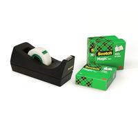 Scotch Desktop Tape Dispenser C38 Black + Scotch Magic Tape 4 Rolls (19 mm x 33 m) - Refillable Sticky Tape Dispenser for Home and Office