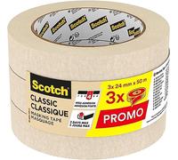 Scotch Masking Tape Classic Premium Beige, Promo Pack of 3 Rolls, 24 mm x 50 m - Adhesion - Painters Masking Tape for Indoor Painting and Decorating