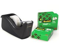 Scotch Tape Dispenser C60, Black + Magic Tape, 4 Rolls, 19 mm x 33 m | Refillable Dispenser for Home and Office with General Purpose Matte Sticky Tape for Document Repair, Labelling and Sealing