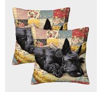 Scotch Terrier Sleeping-vintage Patchwork Art Style Pillow Covers 2 Pack Cozy Pillowcases Art Cushion Covers Polyester Decor Sofa for Living Room Bedroom 45x45cm