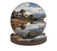 Scotland Castle Water Lake Scottish Car Coasters, 4PCS Non-Slip Car Cup Holder Coasters with Cork Base, Heat Resistant & Waterproof Drink Coaster for Women Men