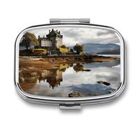 Scotland Castle Water Lake Scottish Pill Case with 2 Compartment, Pill Organizer Portable Square Pill Box,Vitamin Pill Organizer for Pocket Purse and Travel