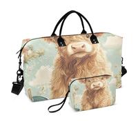 Scotland Cow Fresh Spring Brown Decorative Duffel Bag Gym Tote Bag with Adjustable Strap for Workout 2 Pcs Set Bolsa de Mano para ropa de