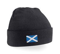 Scotland Flag Saltire Embroidery Beanie Hat | Unisex Scottish Heritage Knit Cap Black