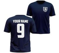 Scotland Personalised T Shirt for Kids Name and Number Scottish Dragon Badge Football Tee Supporters Boy Girls Top, 3-4 Years, Navy