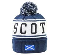 Scotland Pom Pom Ski Hat, Navy Blue Knitted Bobble Beanie with Saltire Flag