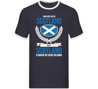 Scotland Ringer T Shirt - I May Not Live in Scotland But My Heart Belongs There - Scottish Heritage Flag Ringer Gift Navy/White