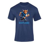 Scotland Rugby Cow T Shirt - Highland Warrior Cartoon Graphic Scottish Tee for Adults and Kids Navy 12-13 Years Style 1