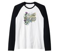 Scotland Scottish Thistle with Lake and Castle Ruins Raglan Baseball Tee