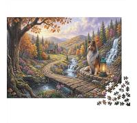 Scotland Shepherd Dog 1000 Pcs Recycled Cardboard Waterfall & Stone Bridge DIY Jigsaw Puzzle Waterfall & Stone Bridge Gift Cognitive Stimulation Group Activity Home Decor 38x26cm/1000pcs