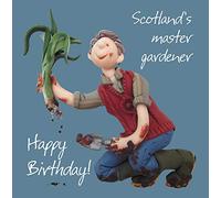 Scotland's Master Gardener Birthday Greetings Card, Designed by Erica Sturla for Holy Mackerel. Card is 150mm Square and Blank Inside.