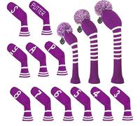 Scott Adward 14 Pcs Knit Golf Club Cover Set for Wood Iron and Putter Pom Pom Cute and Soft Driver Fairway and Hybrid(UT) Headcover with Rotating Number Tags(Purple Stripe Style)