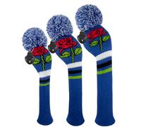 Scott Edward Golf Club Cover with a Pom Pom Set of 3 Fits Well Driver(460cc) Fairway Wood and Hybrid(UT) with Rotating Club Number Tags for Male/Female Golfers (Blue Red Ros)
