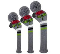 Scott Edward Golf Club Cover with a Pom Pom Set of 3 Fits Well Driver(460cc) Fairway Wood and Hybrid(UT) with Rotating Club Number Tags for Male/Female Golfers (Grey Red Rose)