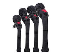 Scott Edward Knit Golf Headcovers for Wood 4 PCS Packed,Fit Driver Wood, Fairway Wood and Hybrid/UT, Long Neck,Big Pom Pom, for Men/Women (Grey Black Red Argyles)