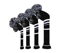 Scott Edward Knit Golf Headcovers for Wood 4 PCS Packed,Fit Driver Wood, Fairway Wood and Hybrid/UT, Long Neck,Big Pom Pom, for Men/Women (Black White Stripes)