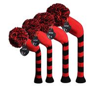 Scott Edward Knit Golf Headcovers for Wood 4 PCS Packed,Fit Driver Wood, Fairway Wood and Hybrid/UT, Long Neck,Big Pom Pom, for Men/Women (Red Black Stripes)