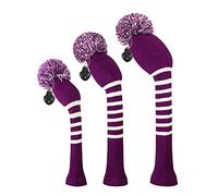 Scott Edward Knitted Golf Club Head Covers for Woods 3Pcs Set Golf Driver (460CC) Fairways and Hybrid/UT with Rotating Number Tags(Purple Stripes)