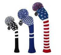 Scott Edward Mix and Match Pom Pom Knit Golf Club Covers Set of 3 Driver Head Cover 1 Fairway Headcover 1 and Hybrid/UT Headcover 1 (Grid and Star)
