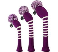 Scott Edward Stripes Style Knitted Golf Club Head Covers Set of 3, fit for Driver Wood(460cc), Fairway Wood, Hybrid(UT), for Men/Women Golfers, Individualized Looking and Washable (Purple)