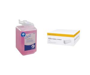 Scott Essential Foam Everyday Use Hand Wash 6340 - Scented Foaming Hand Soap - 1 Litre Pink Hand Was & AmazonCommercial 417798 Interfold-Vfold Paper Hand Towels, 2 PLY - 266 Count (Pack of 15)