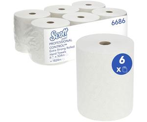 Scott Hand Towels 6686 - White Paper Roll Towels, 1-Ply, Ultra-Absorbent & Strong, Ideal for Washrooms - 6 Rolls x 304m (1,824m Total)