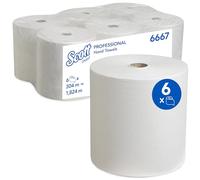 Scott® Rolled Paper Hand Towels 6667 - White 1-Ply Extra Absorbent, Tear-Resistant Paper Towels for Efficient Hand Drying - 6 Rolls x 304m (1,824m Total)