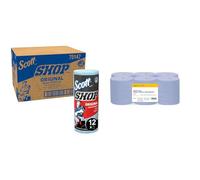 Scott Shop Towels Original 75147 - Heavy Duty Blue Towels - 12 Packs of 1 Blue Roll x 55 Disposable & AmazonCommercial Recycled Blue 2-Ply Paper Hand Towels, Centre Feed Compatible, 30 cm x 20 cm